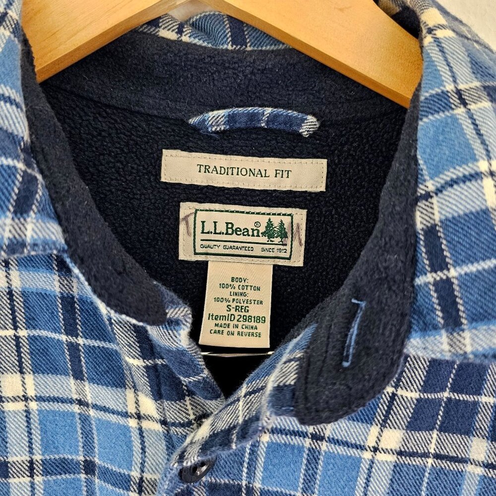 LL Bean Mens S Blue Plaid Fleece Lined Flannel Heavy Button Down Shirt Shacket - Picture 7 of 10